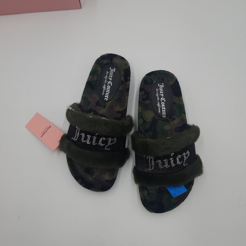 Juicy Couture Slide Slippers Faux Fur JC Siren Green Camo Size 8 - Picture 4 of 9